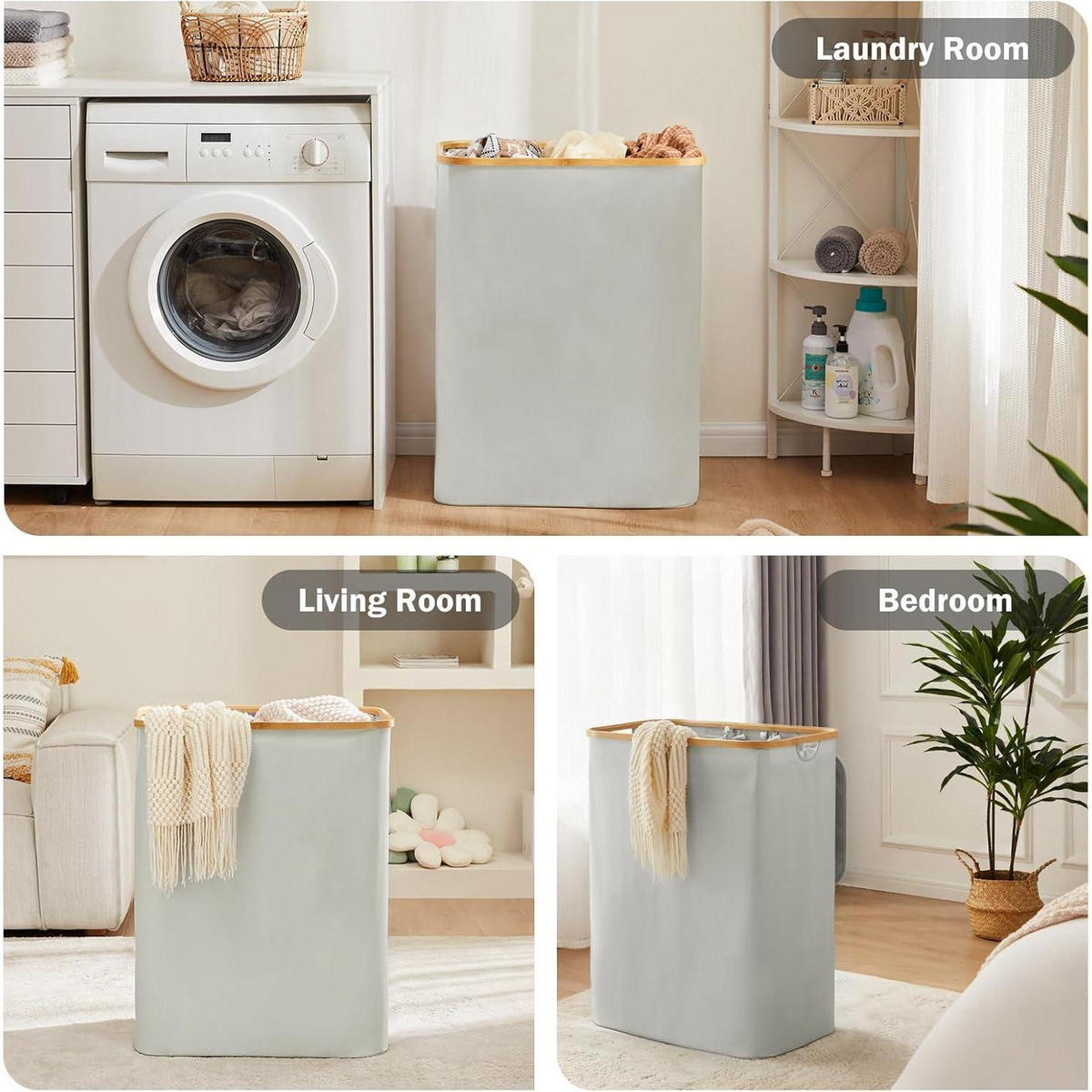 WÄSCHEKORB mit Deckel 3 Fächer 160L Grau - Grau, Naturmaterialien (37/74/57cm)