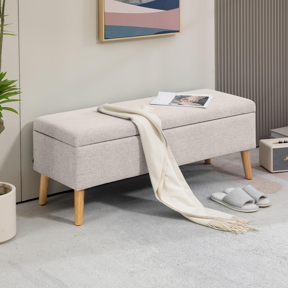 SITZBANK Polsterbank mit Stauraum scandinavia Truhenbank Polyester Holz Beige - Beige, Kunststoff (39/45/110cm) - HOMCOM