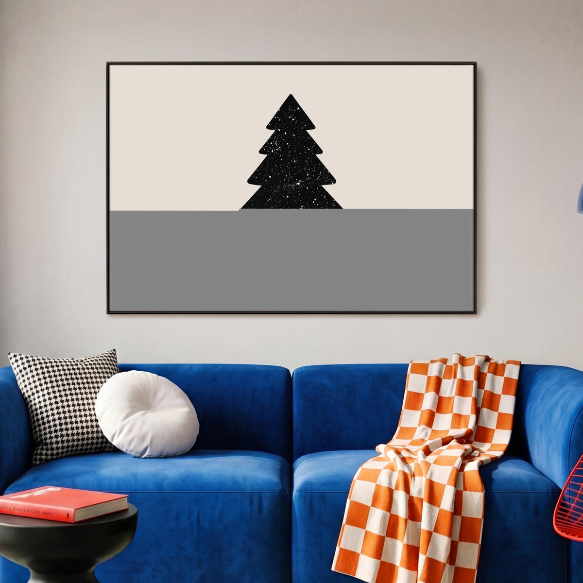 LEINWAND Bilder mit Rahmen - Weihnachtsbaum - Schwarz - Urlaub - Beige - 90x60 - Schwarz, Textil (90/60cm) - MuchoWow