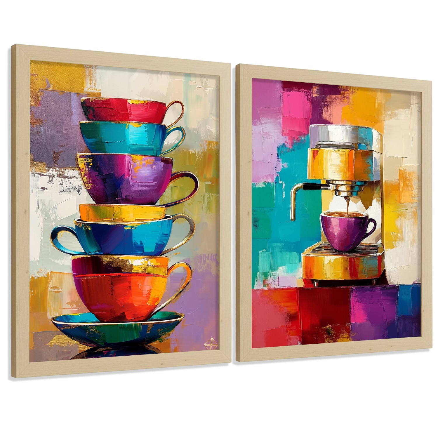 POSTER 2er Set Küchen-Wandbilder Kaffeetassen und Espressomaschine Pop Art Bunt Esszimmer Wanddeko Rahmenlos A4 - Klar, Papier (29.7/1/21cm) - Nacnic