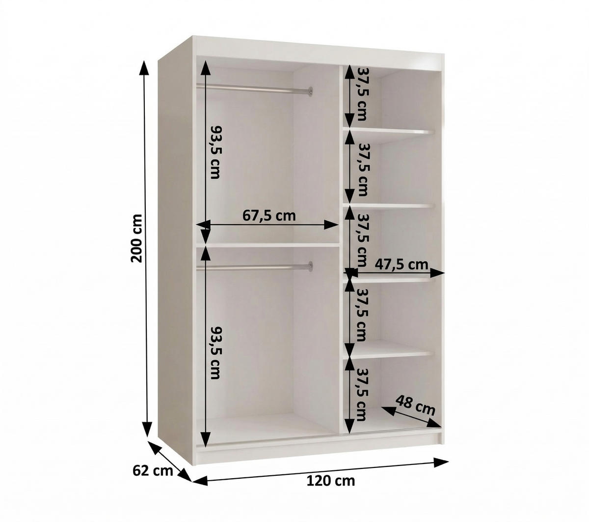SCHIEBETÜRENSCHRANK TOKYO 200/120/62 2-türig - Silberfarben/Weiß, Holz/Kunststoff (120/200/62cm) - MÖBEL KRYSPOL