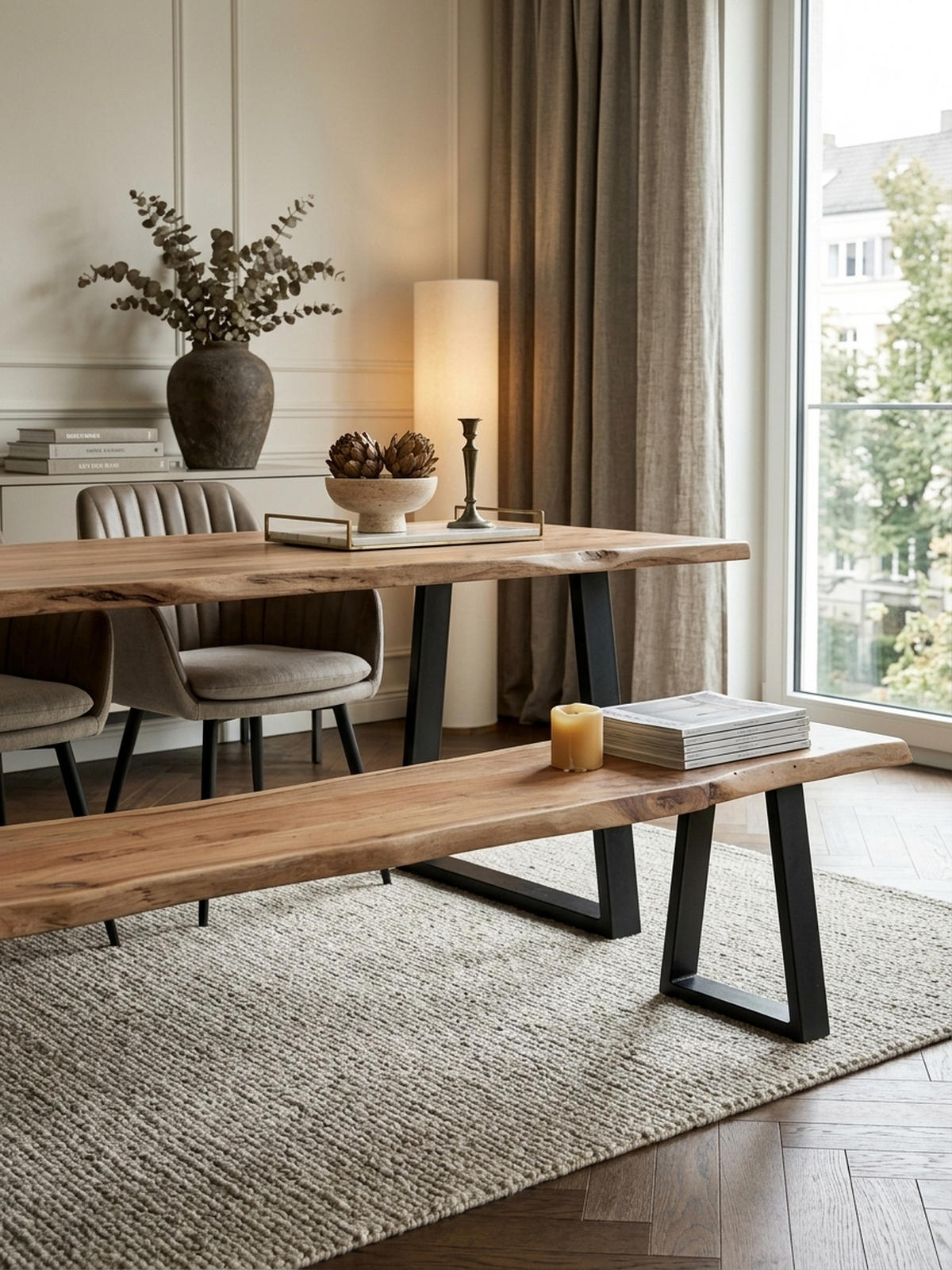 ESSZIMMERBANK Akazienholz Metall schwarze Füße, Beige 160x40x45 cm - Beige/Schwarz, Holz/Metall (160/45/40cm) - KADIMA DESIGN