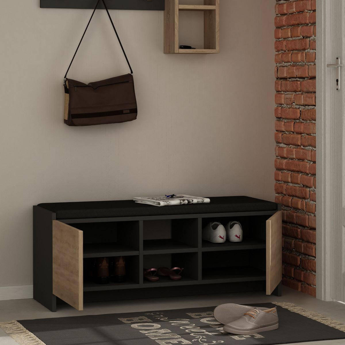 SCHUHBANK mit 2 Türen und 2 Nischen L110 cm - Zulla - Eichefarben, Holzwerkstoff (37/43/110cm) - Calicosy