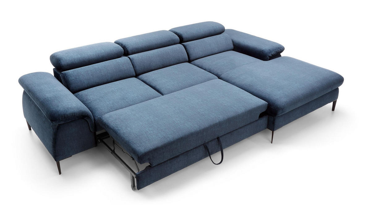 ECKSOFA MESTO Blau Velours-Stoff mit Schlaffunktion - Blau, Holz (288/182cm) - MASSENO