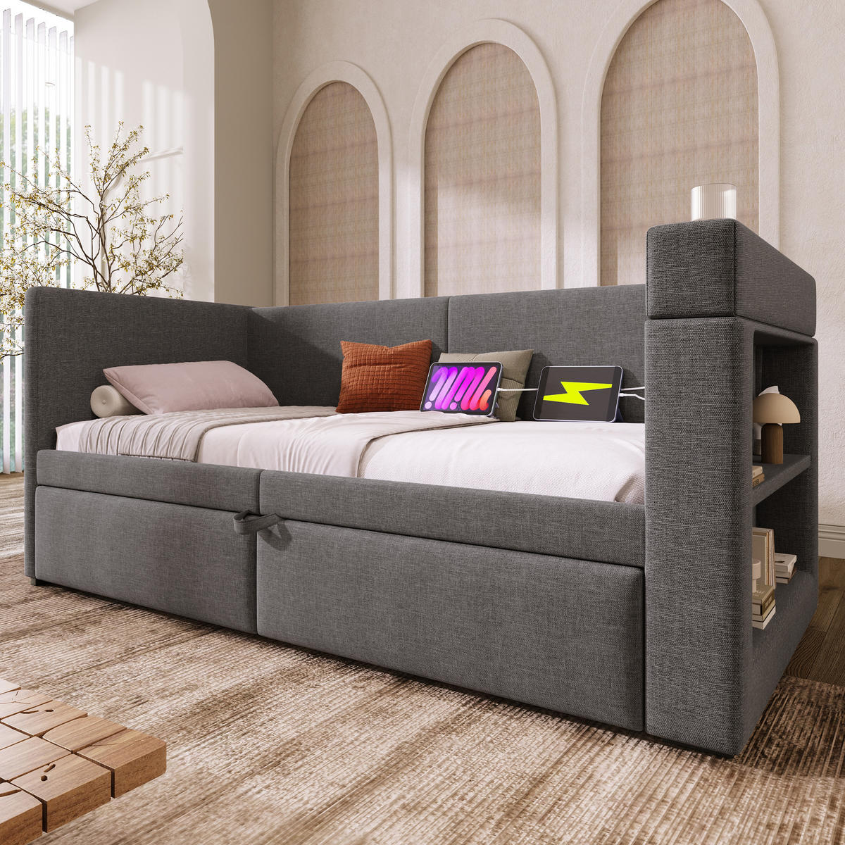 AUSZIEHBETT 90/200 cm DE-00698, in Grau, USB-C und Getränkehaltern - Grau, Metall (90/200cm) - ComfortXL