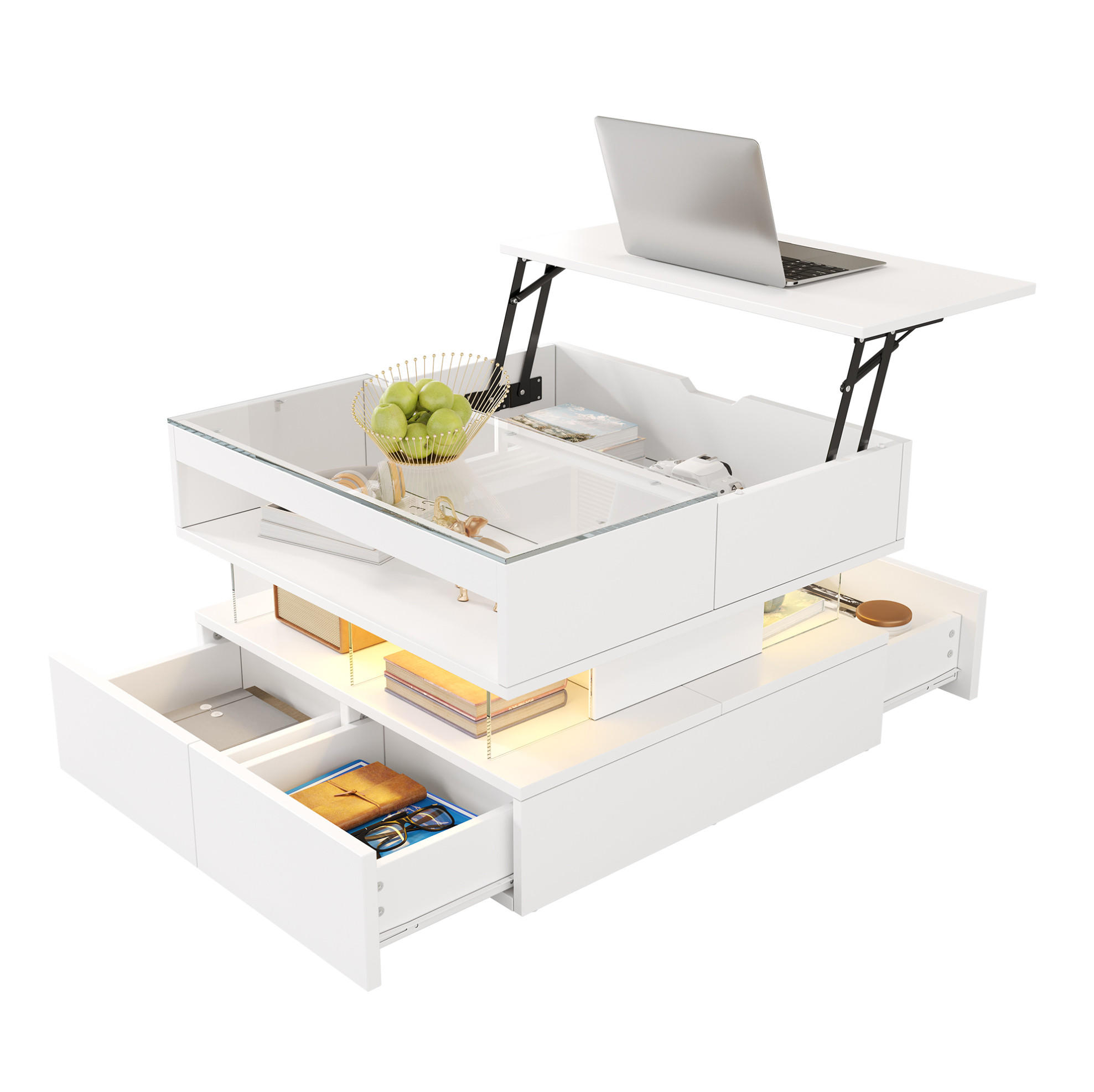 OKWISH KONFERENČNÍ stolek 70/67/57 cm bílý z dřevotřísky se zdvihací deskou LED osvětlením