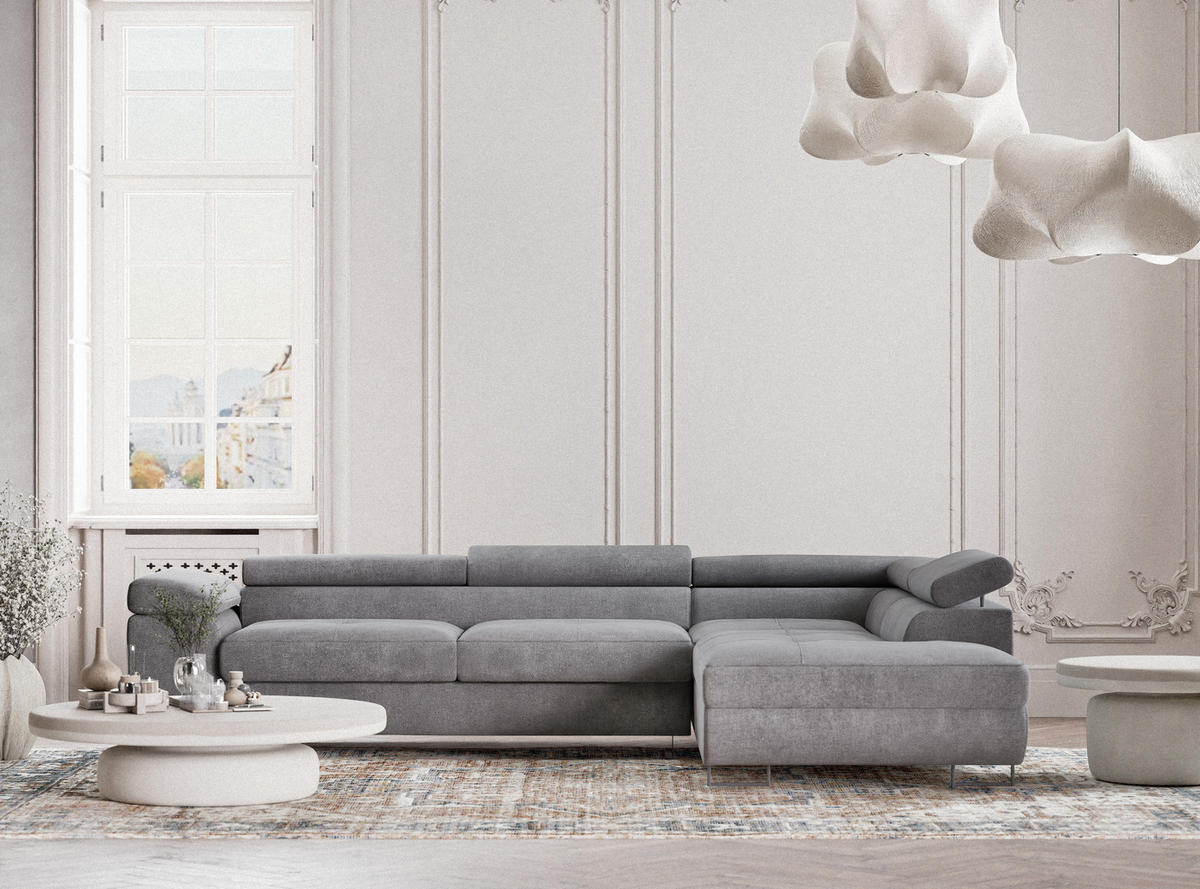 ECKSOFA Concord Grau Chenille-Stoff - Rechts Seite - Schwarz/Grau, Holz/Holzwerkstoff (277/203cm) - Maison de Reve