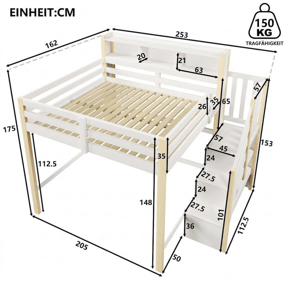HOCHBETT 140/200 cm Weiß + Natur mit LED-Leuchten, Stauraumtreppe, offenem Staufach - Weiß, Holz (140/200cm) - Oxeza
