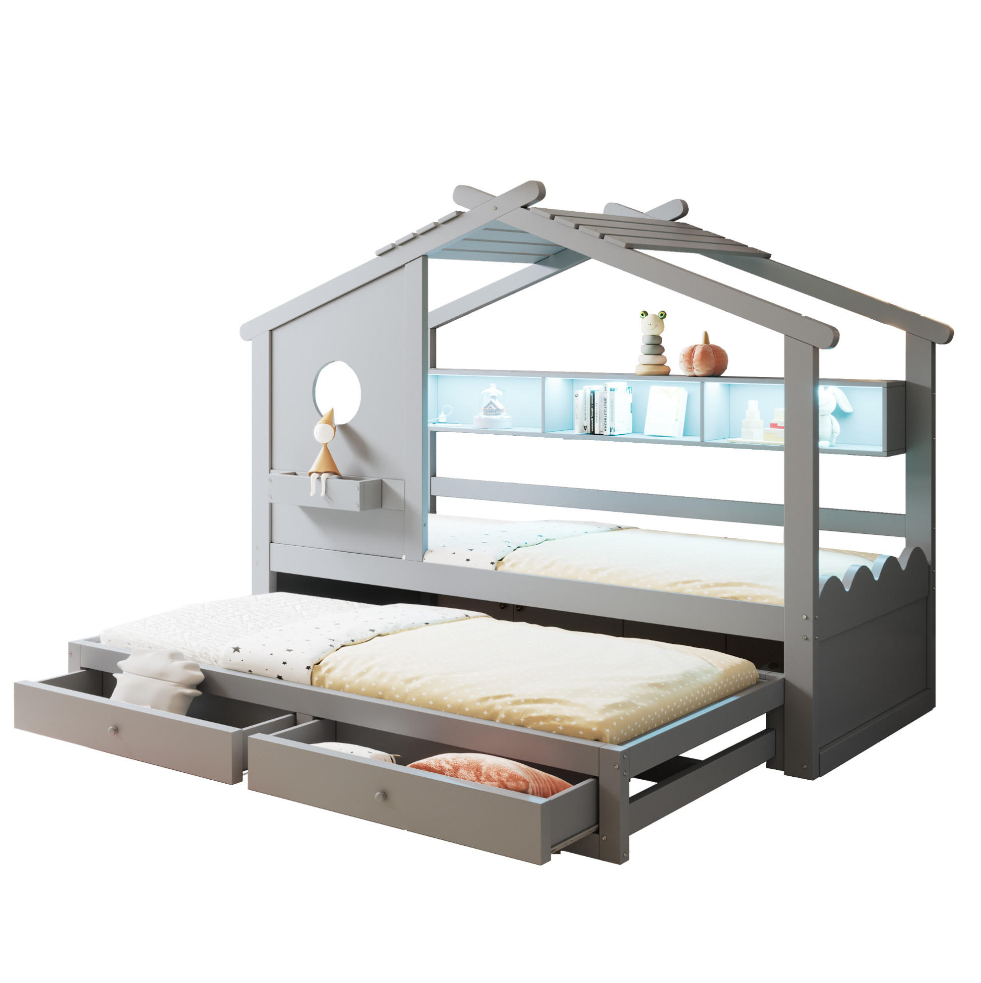 KINDERBETT 90/200 cm mit Ausziehbett 90/190 cm, LED, USB- und Typ-C-Anschluss, Schubladen und Stauraum, Grau - Grau, Holzwerkstoff (90/200cm) - Redom
