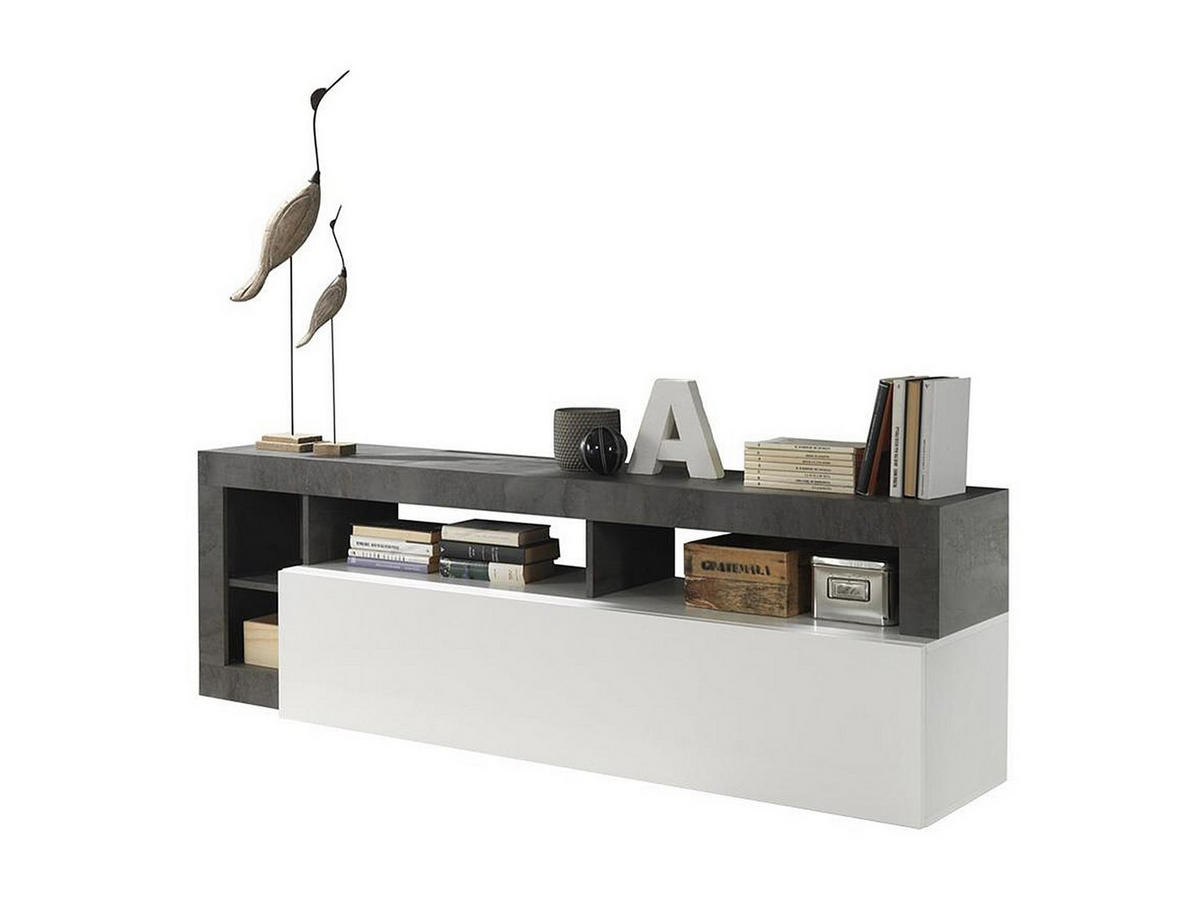 TV-MÖBEL mit 1 Tür & 4 Ablagen - Weiß lackiert & Beton-Optik - SEFRO - Grau, Holz (42/58/184cm) - Vente-Unique