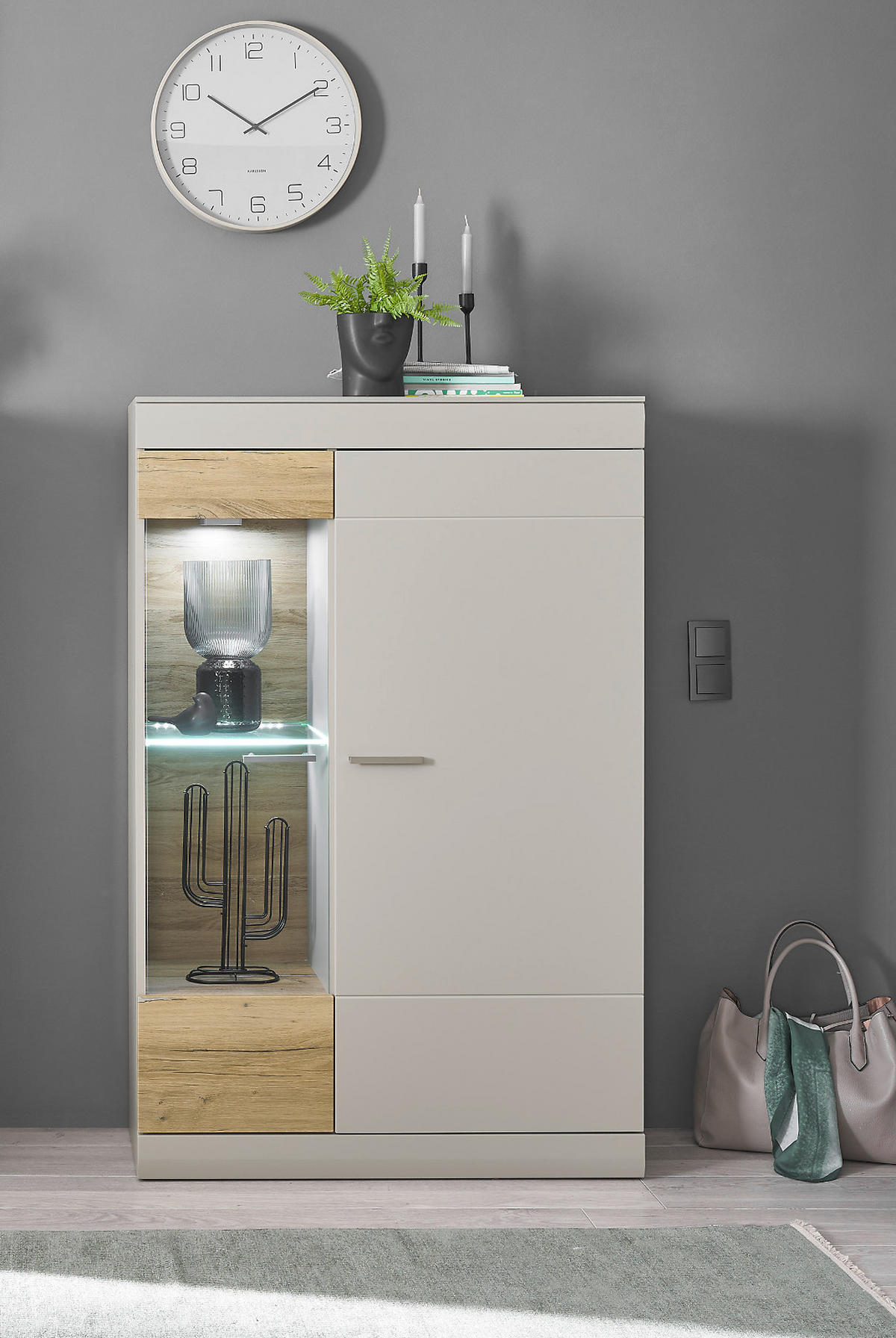 VITRINE grau matt, Zinneiche 90 cm, Vitrinenschrank mit Soft-Close-Funktion - Eichefarben/Silberfarben, Glas/Holzwerkstoff (90/139/35cm) - Furn.Design