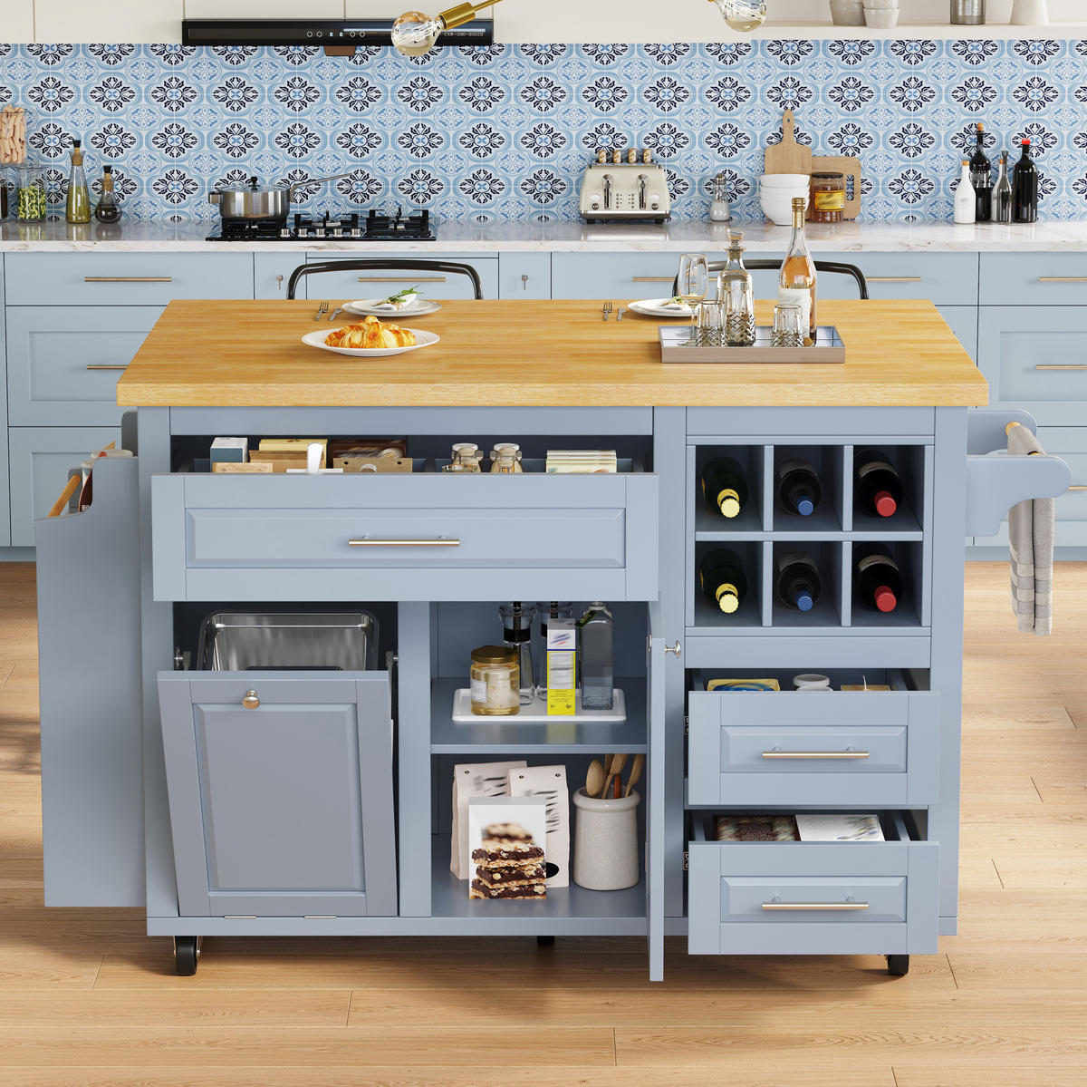 KÜCHENWAGEN mit klappbarer Arbeitsplatte 143 x 75 x 91 cm Blau - Blau, Holz (75/91/143cm) - Beauniv