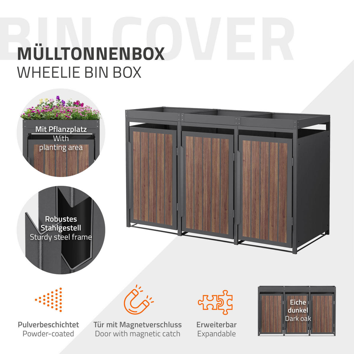 MÜLLTONNENBOX 3er mit Pflanzdach 240L Anthrazit-Holzoptik aus Stahl - Dunkelbraun, Metall (80/124/196cm) - ML-DESIGN