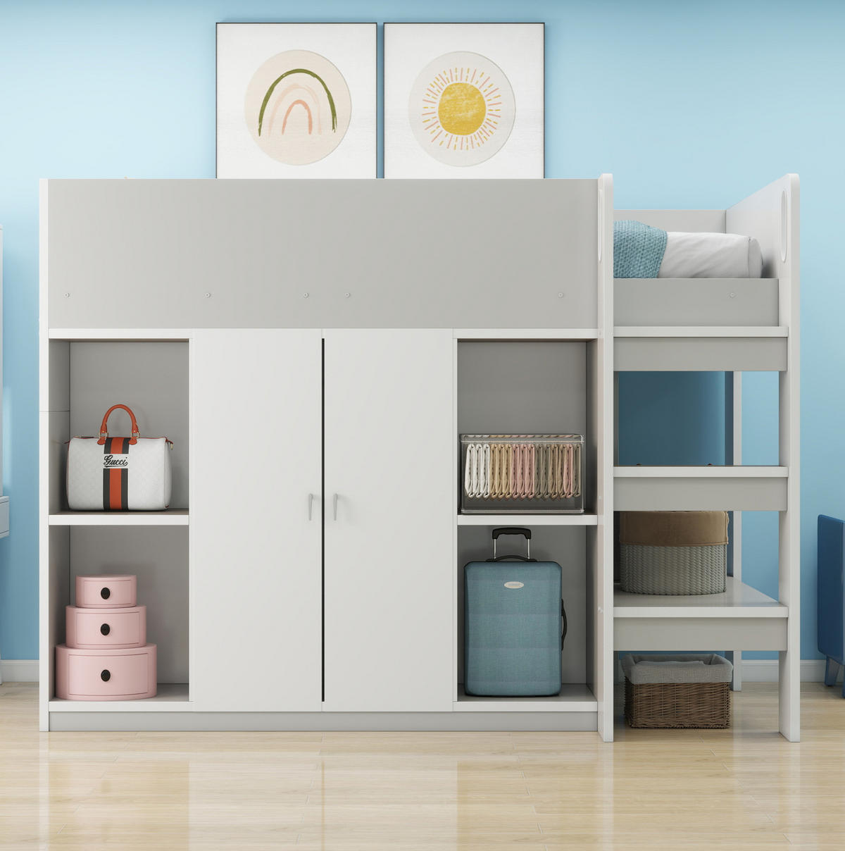 HOCHBETT 90/200 cm mit Leiter, Schrank und Regalen aus Holzwerkstoff, Grau/Weiß - Grau, Holzwerkstoff (90/200cm) - Redom