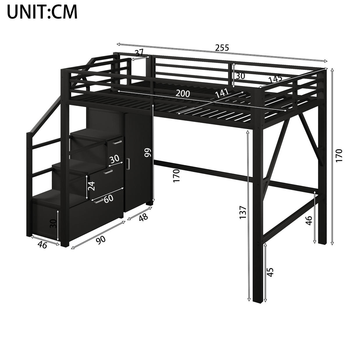 HOCHBETT 140/200 cm schwarz aus Metall/MDF mit Schrank und LED - Schwarz, Holzwerkstoff (140/200cm) - OKWISH