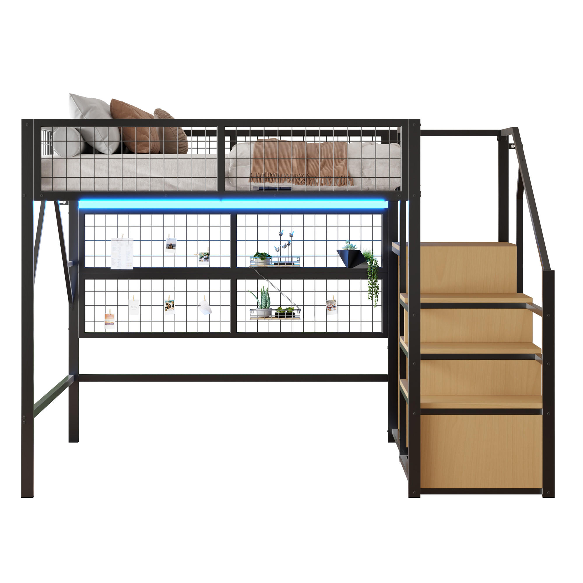 HOCHBETT 140/200 cm Schwarz mit LED-Beleuchtung und integriertem Stauraum aus Metall - Schwarz, Metall (140/200cm) - OKWISH