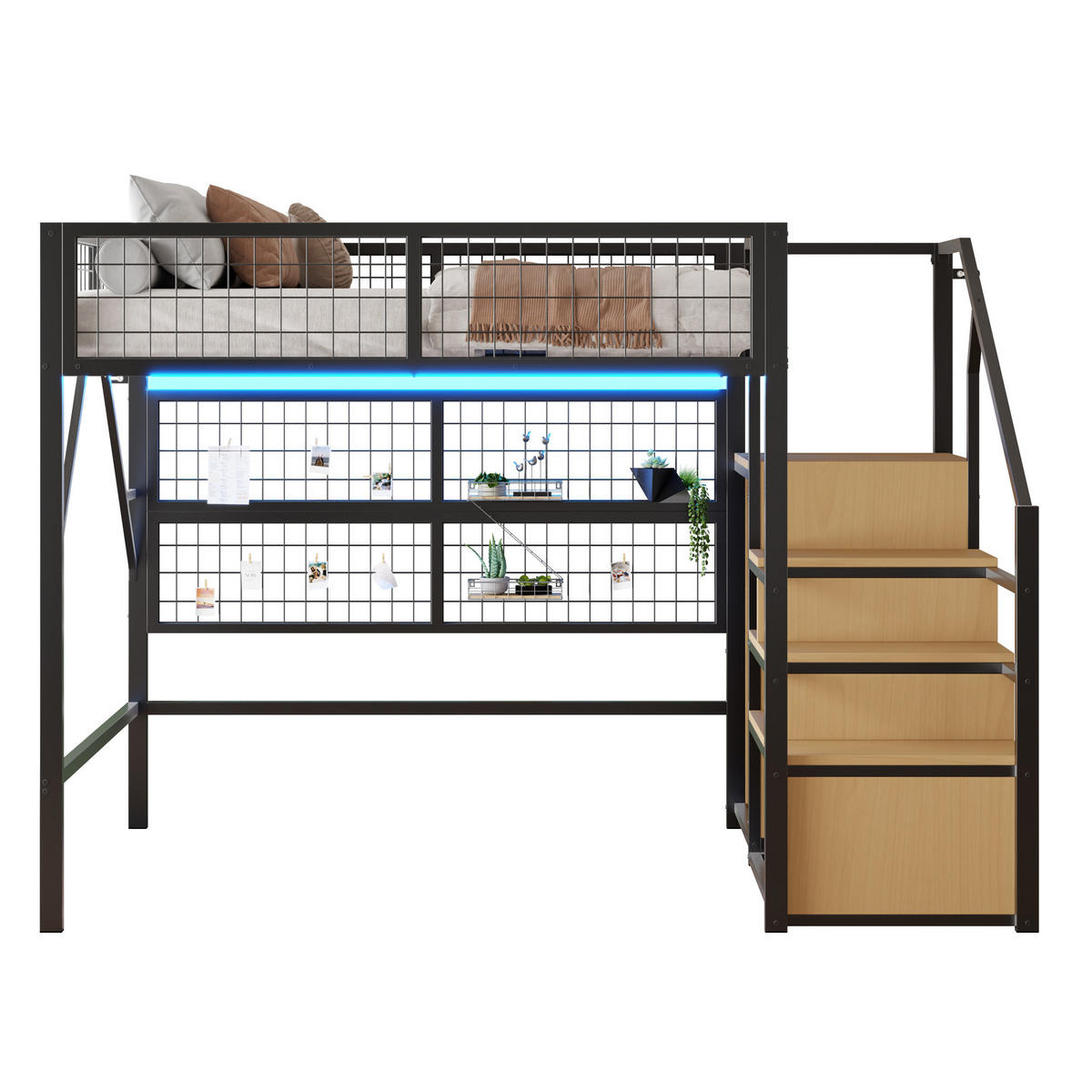 HOCHBETT 140/200 cm Schwarz mit LED-Beleuchtung und integriertem Stauraum aus Metall - Schwarz, Metall (140/200cm) - OKWISH