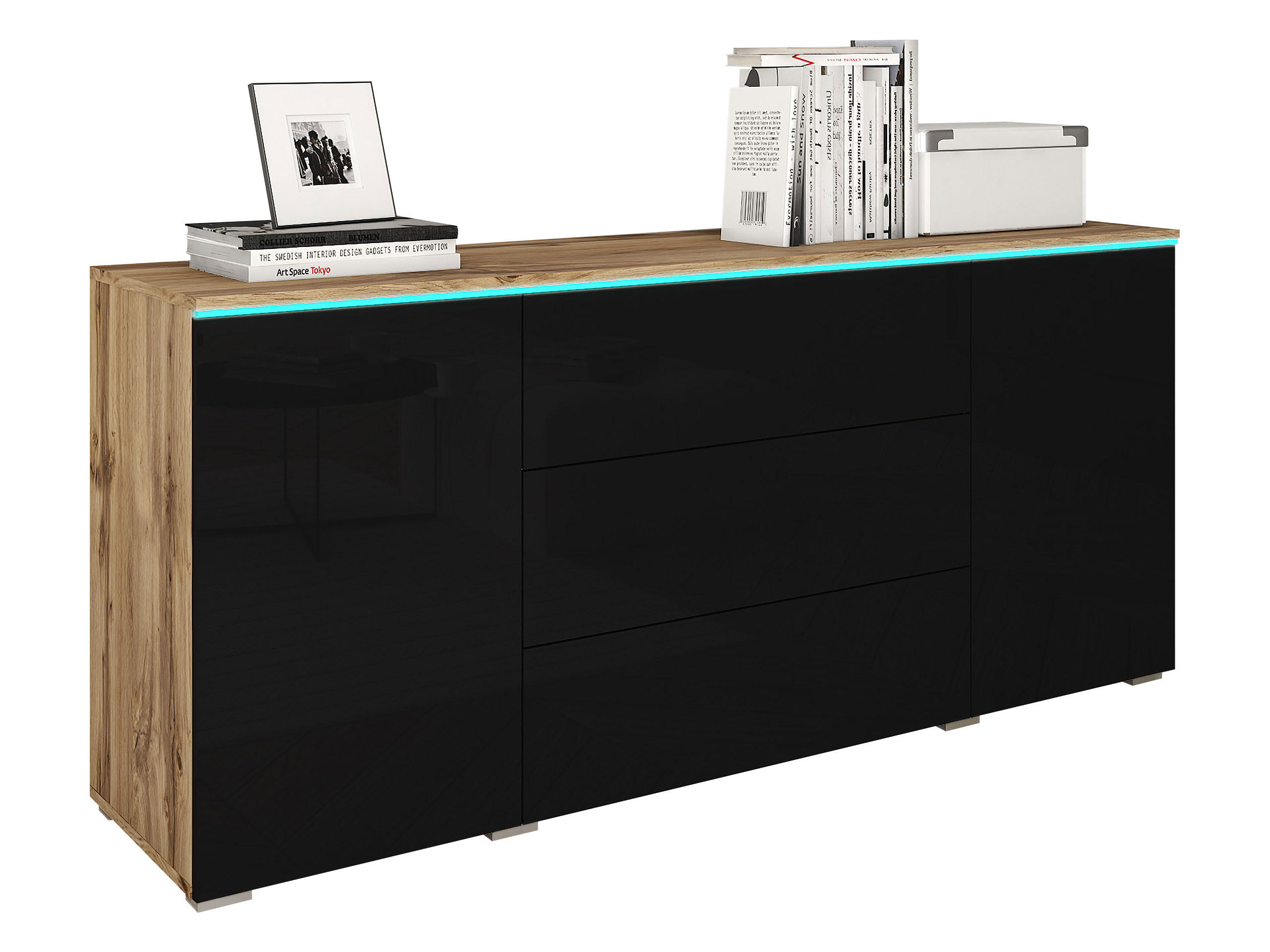 SIDEBOARD Vera 150 mit RGB LED Beleuchtung - Schwarz Hochglanz/Eiche Wotan, Holzwerkstoff (150/66/40cm) - MIRJAN24