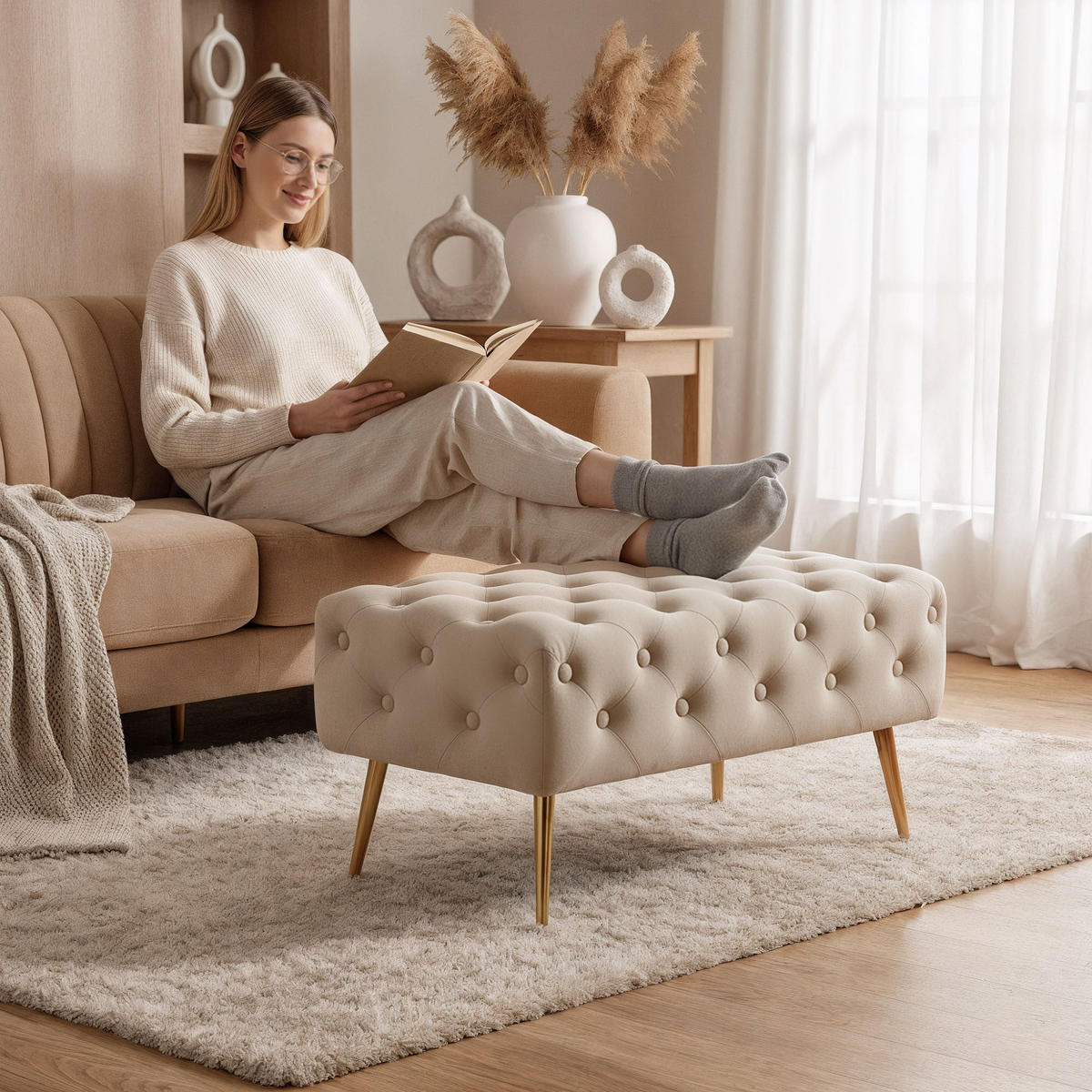 POLSTERBANK mit Samt - Optik Beige 42/41/42 - Beige, Textil (42/41/42cm) - RAUMHIRSCH FURNITURE