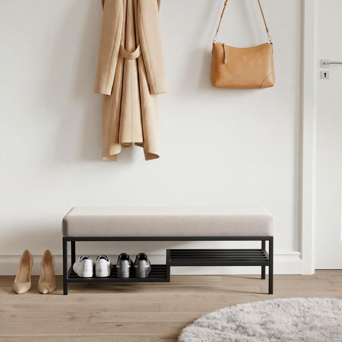 POLSTERBANK STEP 100 cm Schwarz / Creme ,Metallgestell - Creme, Metall (100/45/35cm) - Idohome
