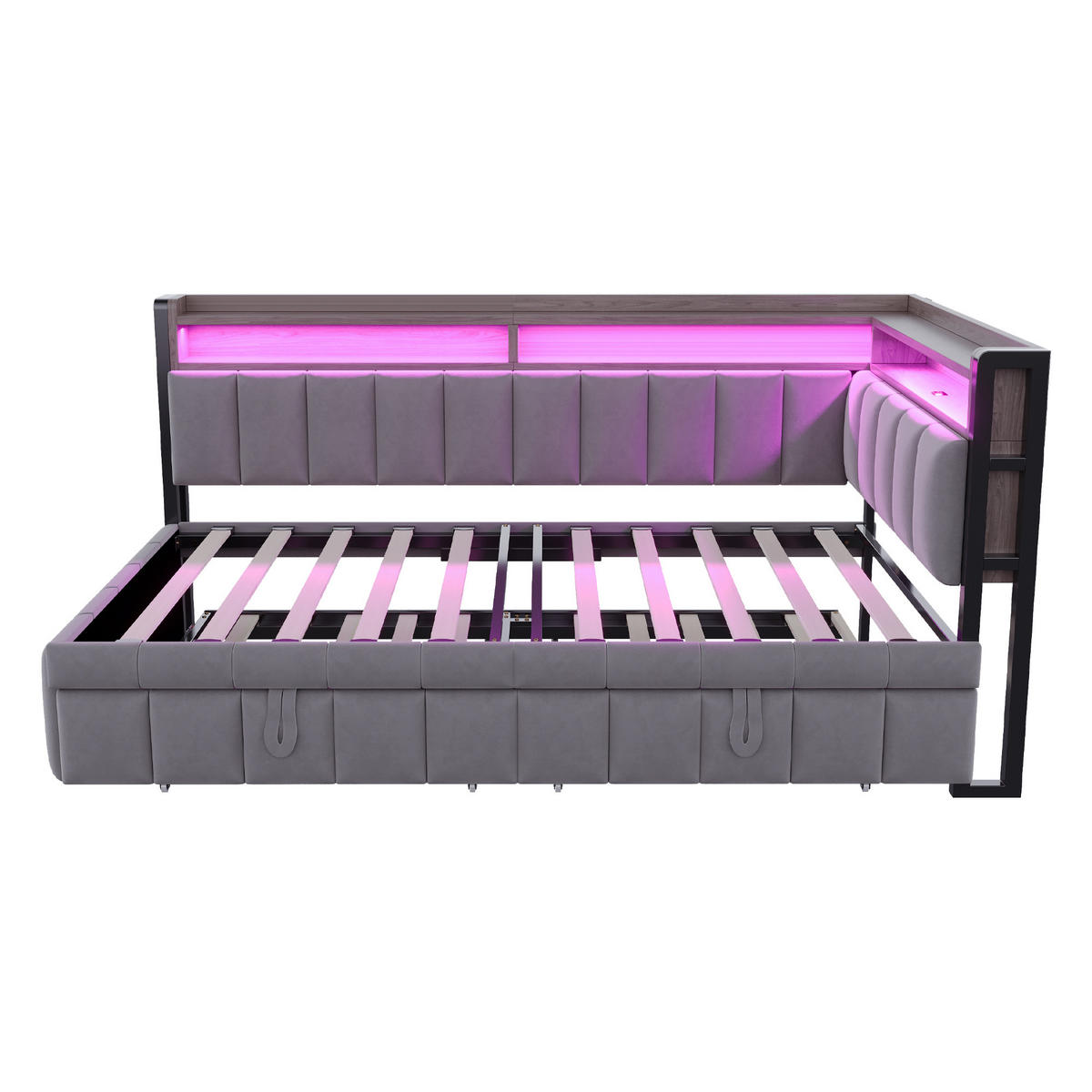 AUSZIEHBETT 90/200 cm ausziehbar mit LED und USB, DE-41717, in Dunkelgrau - Grau, Metall (90/200cm) - ComfortXL
