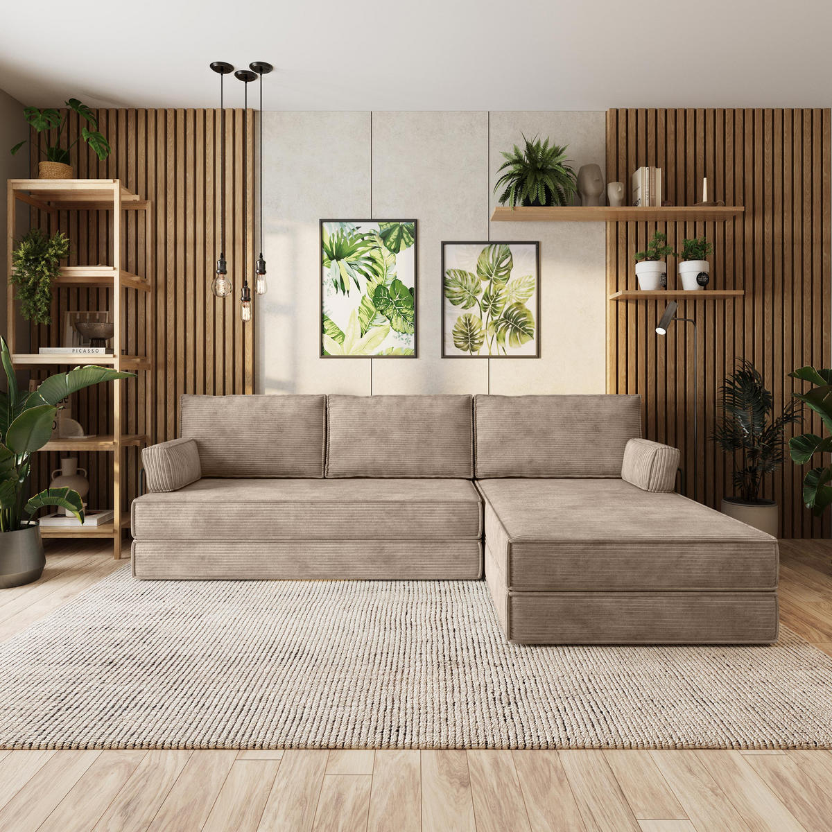 ECKSOFA ANKO modulares Boneless Sofa mit Schlaffunktion Beige Kordstoff - Beige, Textil (270/160cm) - MASSENO