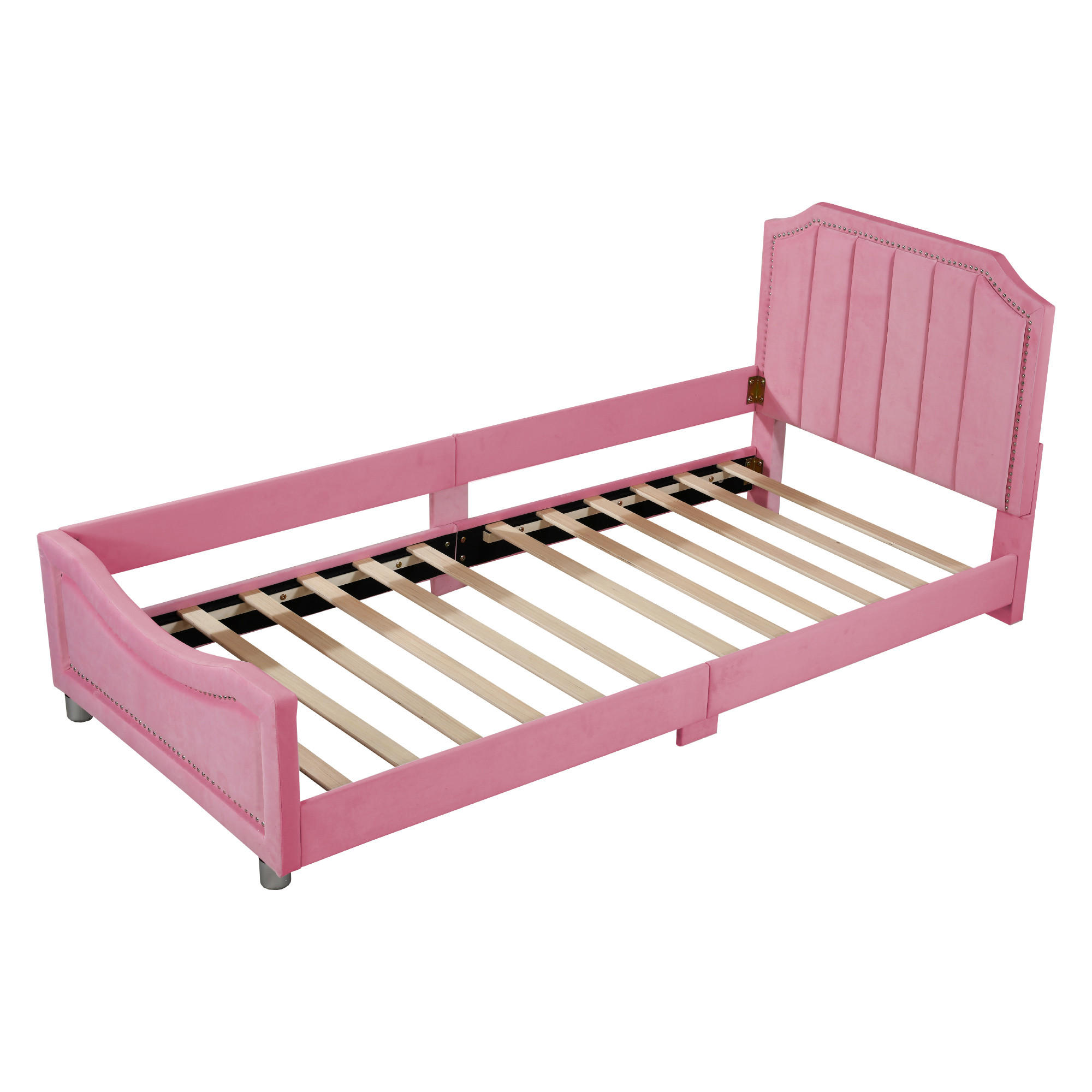 KINDERBETT Polsterbett 90x200 cm Schlafsofa Flanell Bettgestell mit Rückenlehne & Armlehne Rosa - Rosa, Holz - Ej. Life