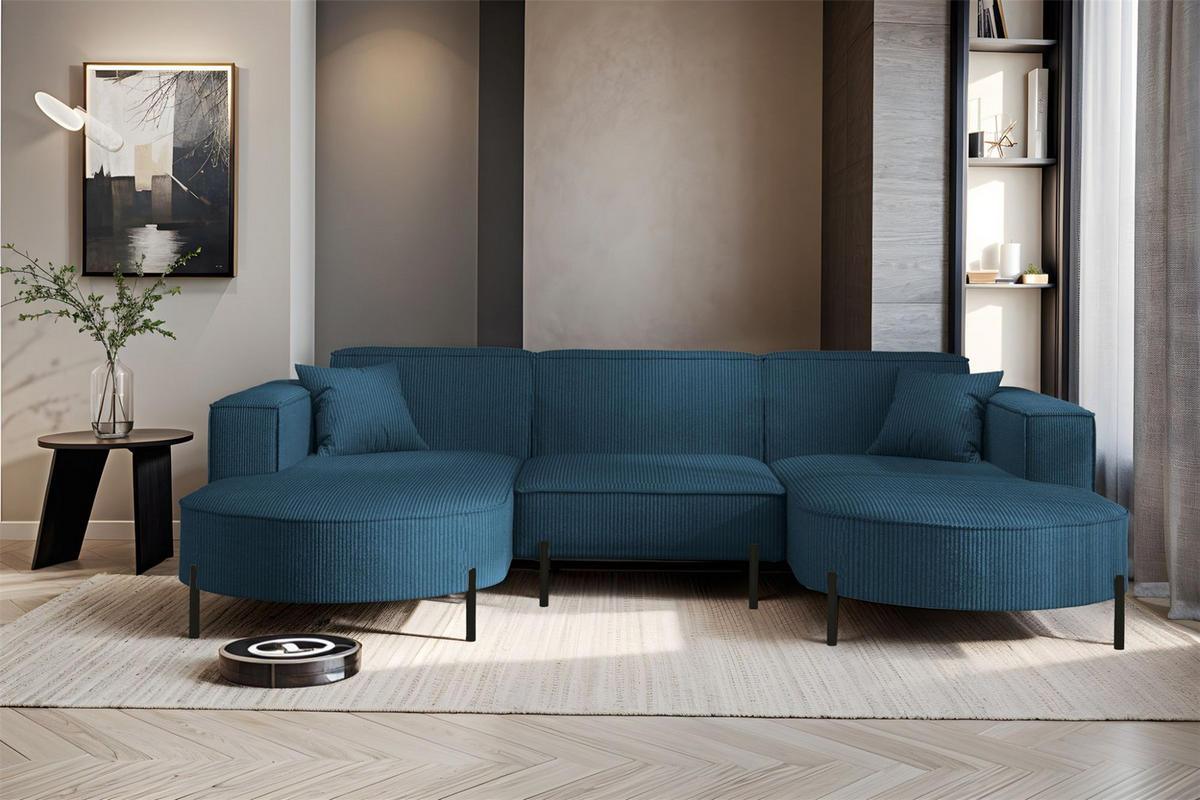 WOHNLANDSCHAFT Valencia - Blau, Holzwerkstoff/Textil (299/80/165cm) - Fun Möbel