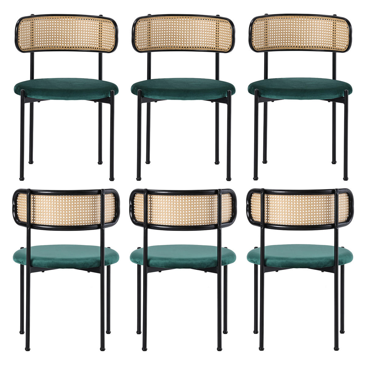ESSZIMMERSTUHL 6er Set Samt Grün Metallbeine Rattan - Grün, Textil (51/75/50cm) - FLIEKS