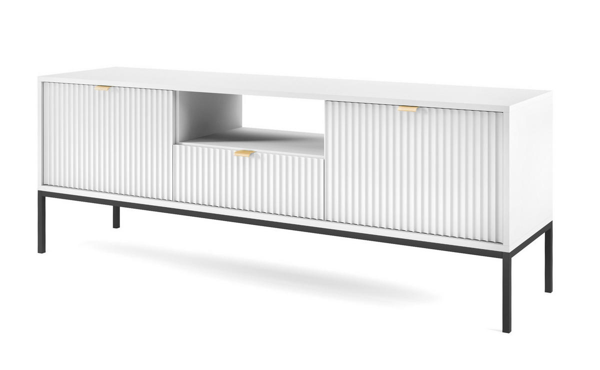 LOWBOARD Eternas 2T 1S Weiß 154/56/39 cm – schwarze Füße, mit geriffelten Fronten und offener Ablage - Schwarz/Weiß, Holzwerkstoff (154/56/39cm) - AX Living