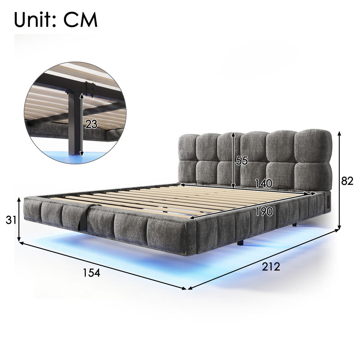 POLSTERBETT 140/190 mit Bettkasten, LED und USB-/Typ-C-Ladestation im Bubble-Design in Grau - Grau, Holzwerkstoff/Textil (140/190cm) - EVRYAE
