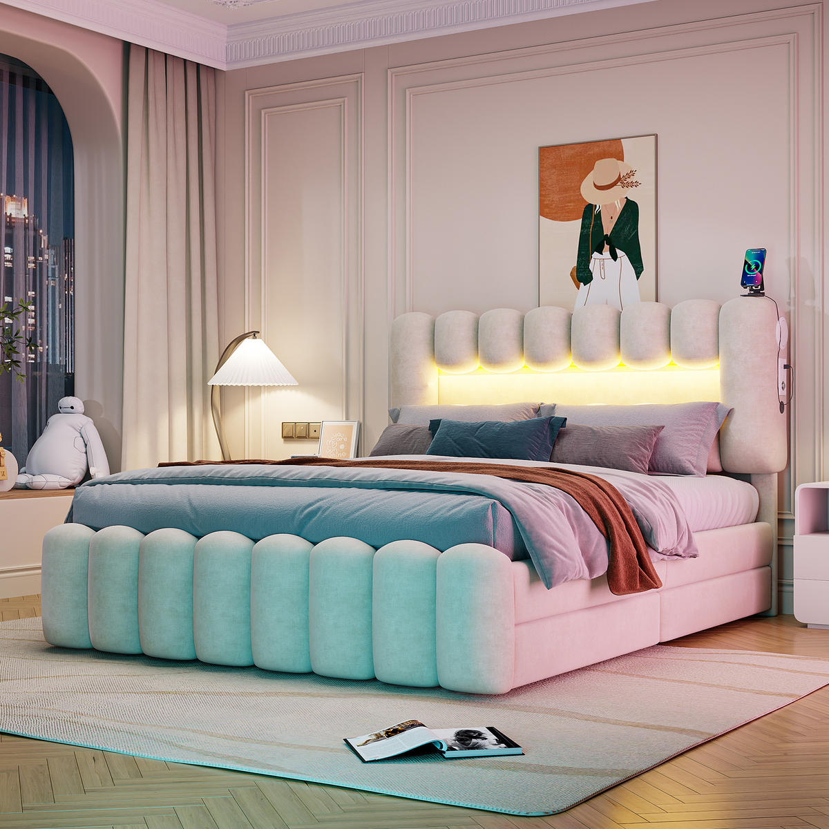 POLSTERBETT 160/200 cm Beige mit 4 Schubladen, USB und LED-Beleuchtung - Beige, Textil (160/200cm) - OKWISH