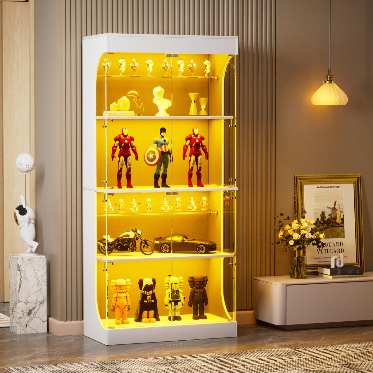 VITRINE 80/35/165 cm Weiß aus Glas und Holzwerkstoff mit LED-Beleuchtung - Weiß, Holzwerkstoff (35/165/80cm) - OKMYHOME