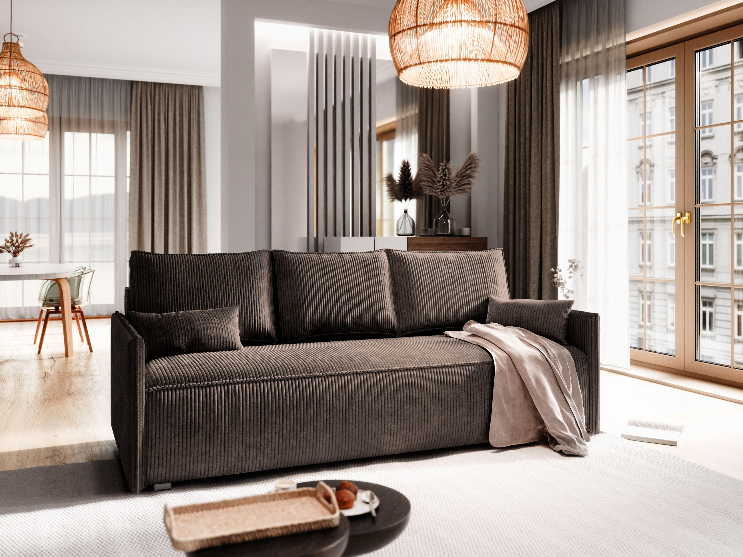 BETTSOFA MESTOR Braun Kordstoff mit Schlaffunktion - Braun, Textil (206/83/87cm) - MASSENO