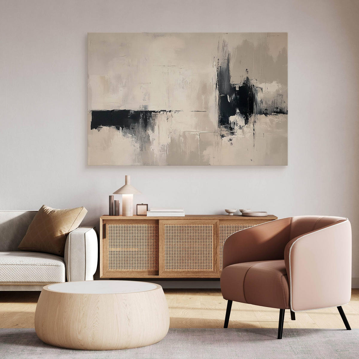 LEINWANDBILD Abstraktion Moderne Kunst Malarei 120x80 - Beige/Schwarz, Textil (120/80cm) - Muralo