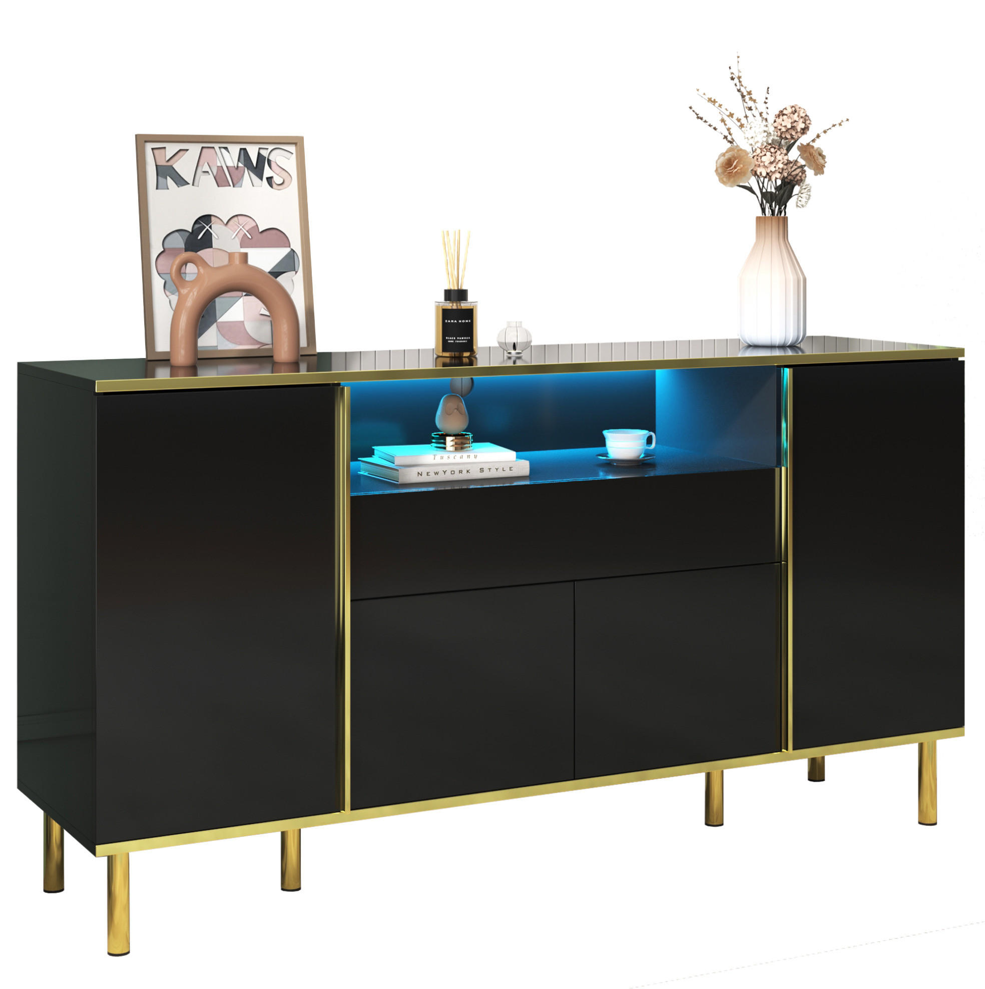 SIDEBOARD in Hochglanz Schwarz mit goldenen Akzenten, 4 Türen, 1 Schublade und LED-Beleuchtung, 150/40/80 cm, Schwarz - Schwarz, Holzwerkstoff (150/80/40cm) - Redom