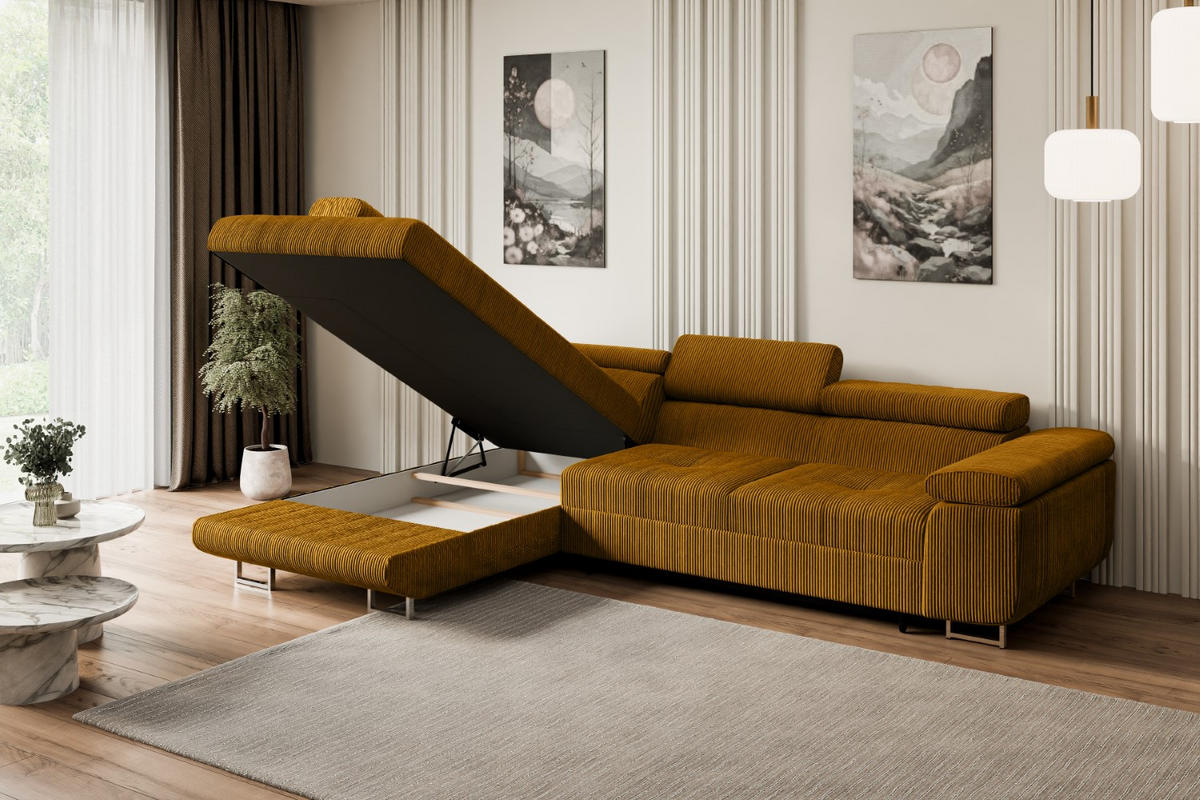 ECKSOFA mit Schlaffunktion und Bettkasten GUSA-L 272x202x107 cm Senfgelb Cord - Gelb/Silberfarben, Holzwerkstoff/Textil (202/272cm) - ALTDECOR