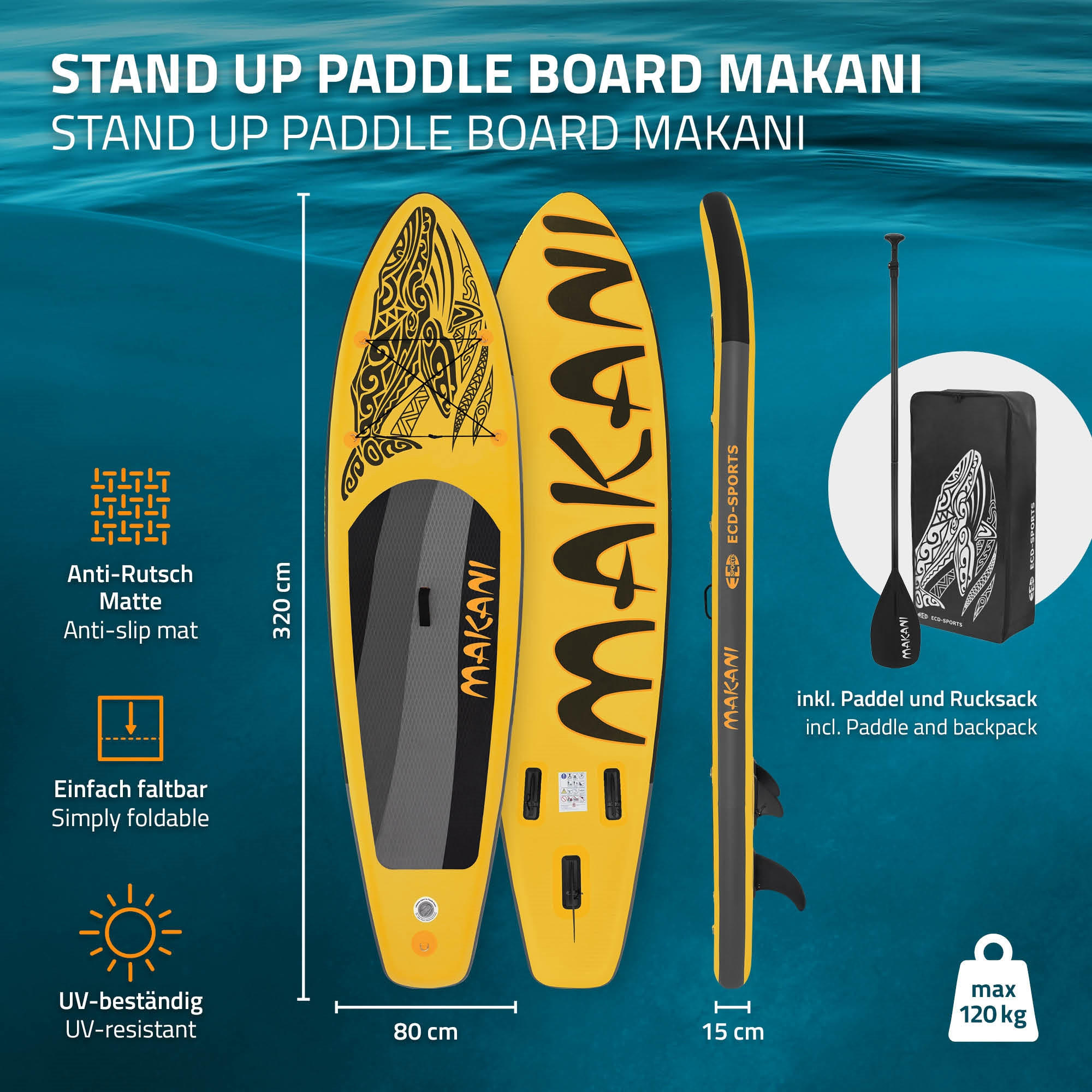 STAND UP PADDLE BOARD Makani Gelb - Gelb, Kunststoff (320/80/15cm) - ECD-Germany