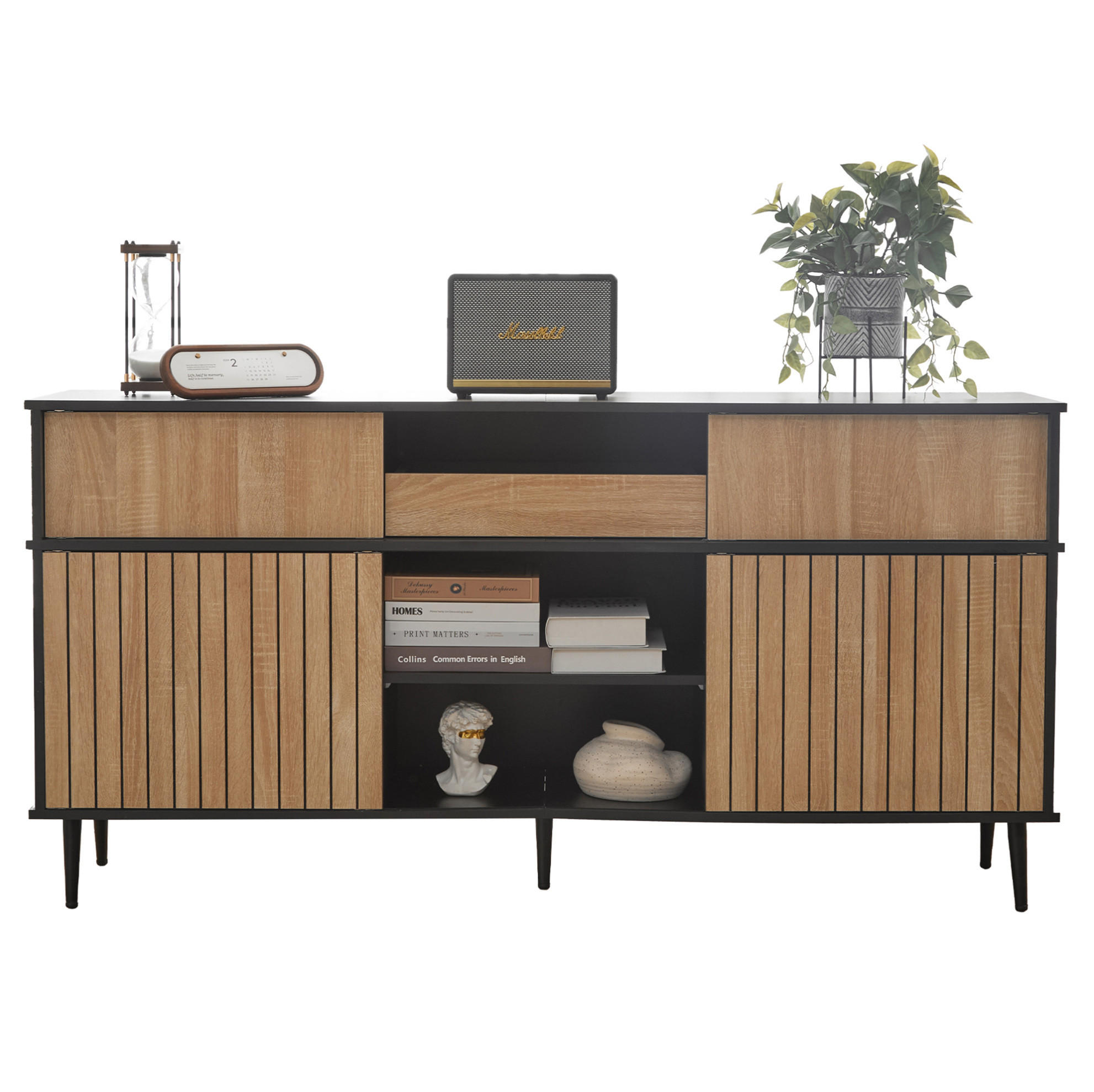 KOMMODE 160/80/40 cm Schwarz/Natur aus Spanplatte mit 4 Schiebetüren - Schwarz, Holzwerkstoff (40/80/160cm) - OKMYHOME