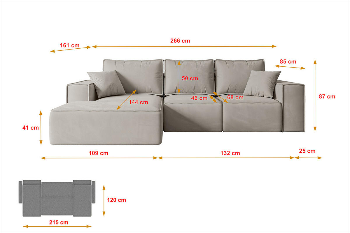 ECKSOFA mit Schlaffunktion und Bettkasten SERRA-L-S - 266x161x87 cm Hellbraun Velours - Hellbraun/Schwarz, Holzwerkstoff/Kunststoff (266/161cm) - ALTDECOR