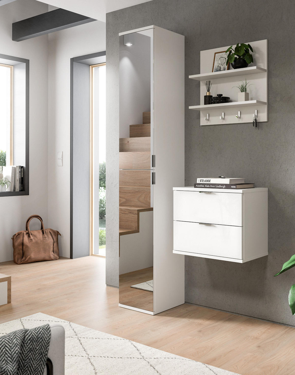 GARDEROBE Set 3-teilig weiß Hochglanz 97 cm, Komplettset mit Spiegel - Chromfarben/Weiß Hochglanz, Glas/Holzwerkstoff (97/193/34cm) - Inn.Furn