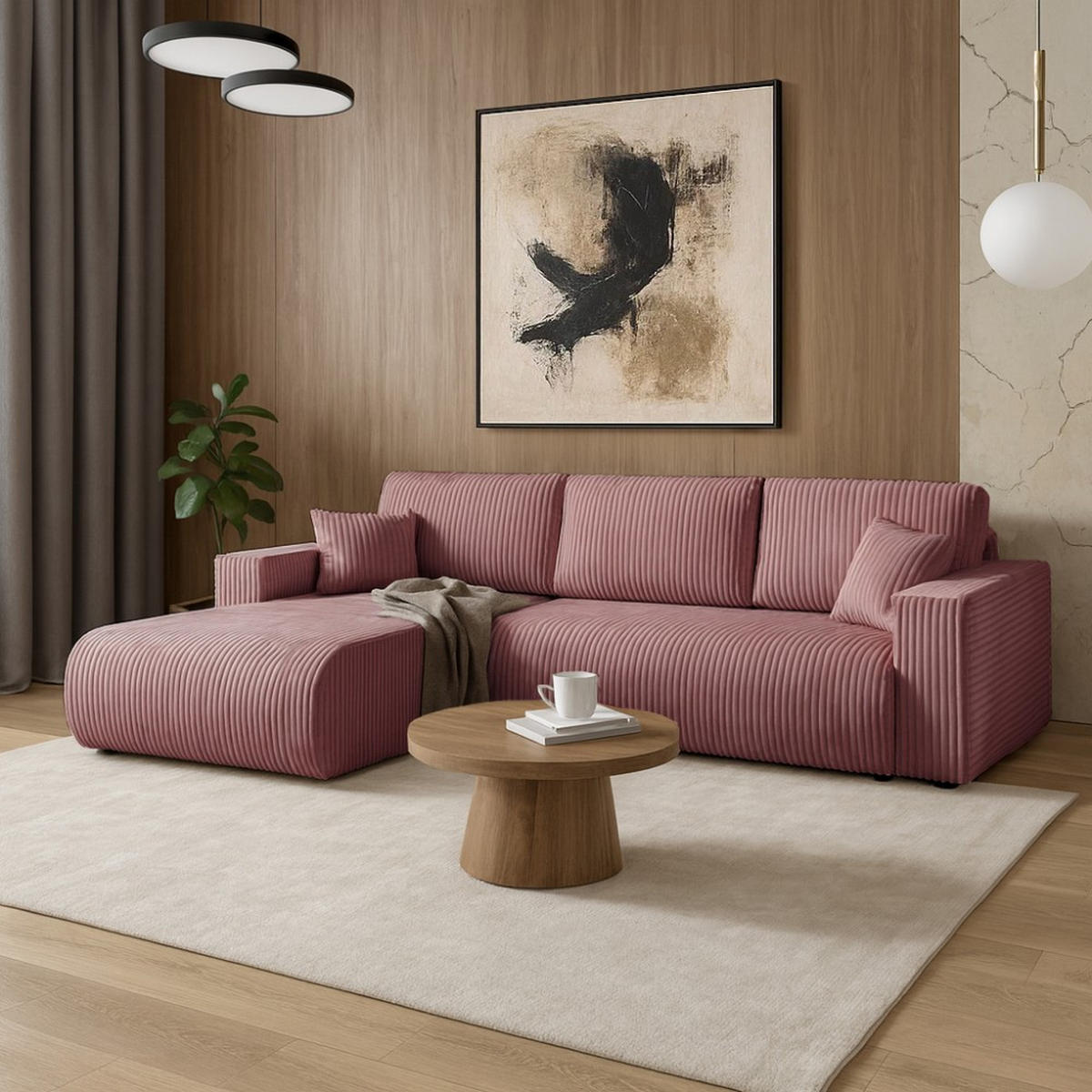 ECKSCHLAFSOFA Porto mit universelle Ottomane, Rosa - Schwarz/Rosa, Textil (288/190cm) - Beautysofa
