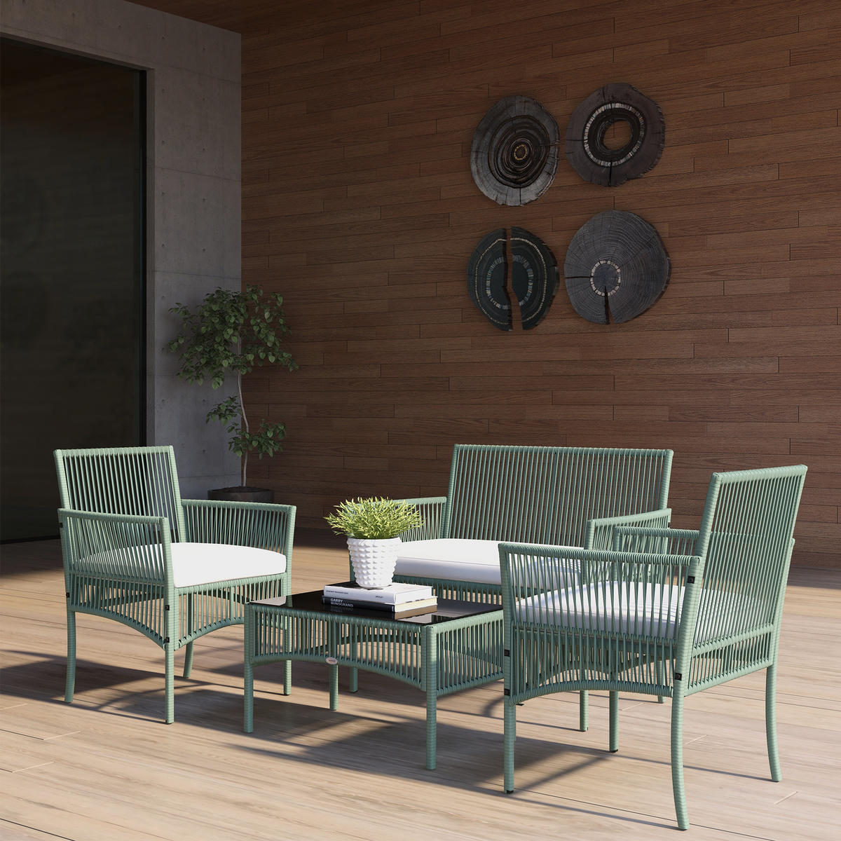 GARTENSET DE-13598 4-teilig mit Glastisch & 5 cm Kissen Natur - Grün, Metall - ComfortXL