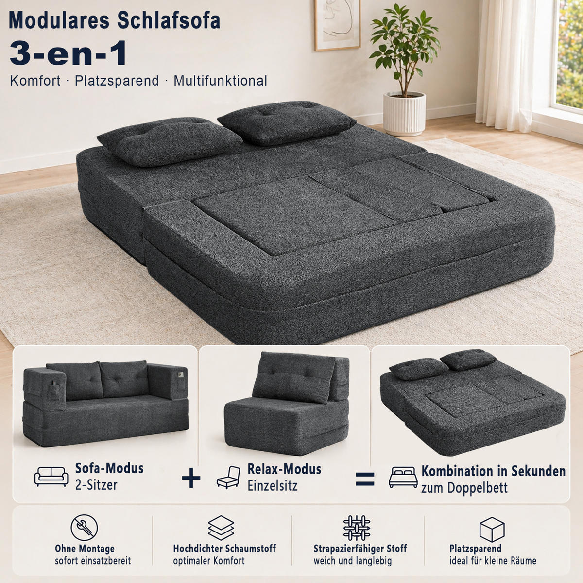 SCHLAFSOFA aus Stoff Dunkelgrau klappbar mit Sessel, Seitentaschen und Memory-Schaum - Dunkelgrau, Textil (199/39/194cm) - Modfu