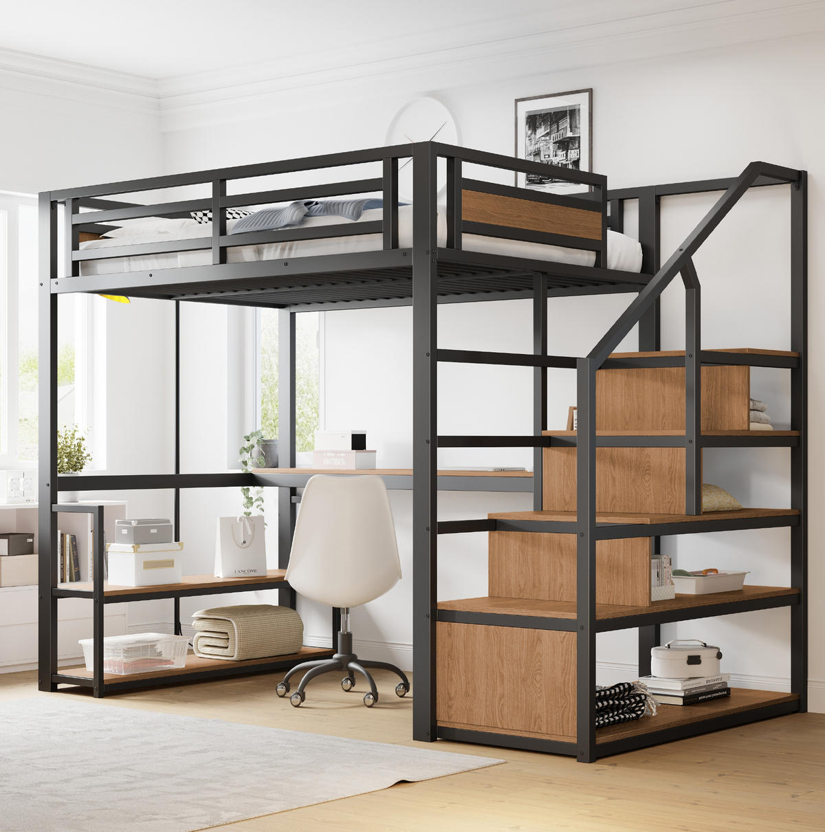 HOCHBETT 140/200 cm mit Schreibtisch, Regalen und Stauraumtreppe, robuster Metallrahmen, Schwarz - Schwarz, Metall (140/200cm) - Redom