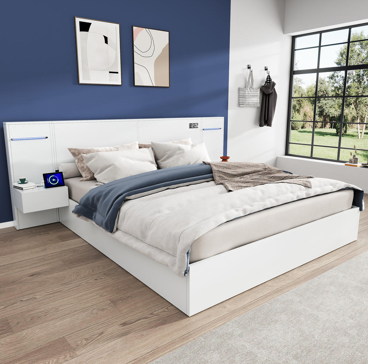 DOPPELBETT 160/200 cm aus MDF mit USB-A/USB-C, Bluetooth-Lautsprechern, Uhr, LED-Lichtleiste und 2 Nachttischen, Weiß - Weiß, Holzwerkstoff (160/200cm) - Redom