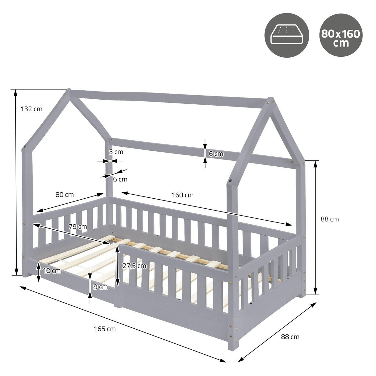 KINDERBETT mit Dach 80x160 cm Hellgrau - Hellgrau, Holz (80/160cm) - ML-DESIGN