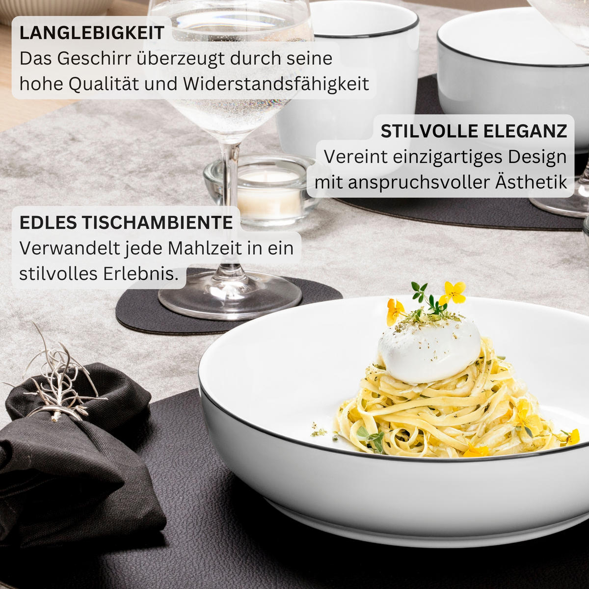 PASTASCHALEN SET MARLO BLACK RIM - 6 teilig aus Porzellan - Weiß, Keramik (22cm) - Sänger