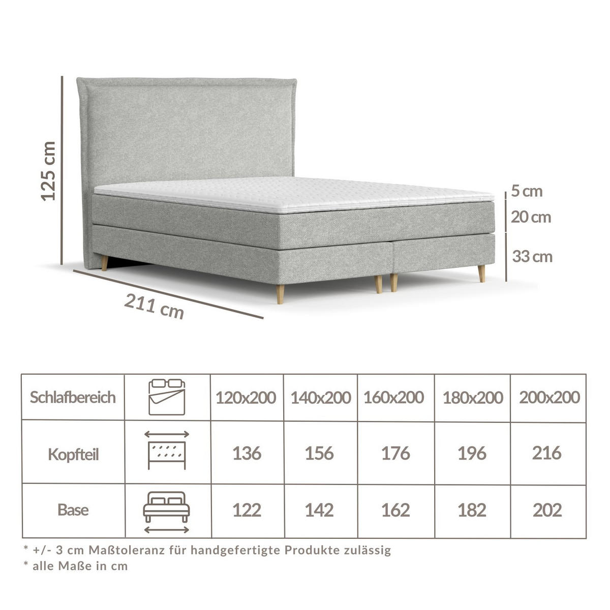 KONTINENTALBETT Calma Hellgrau 120/200 cm mit Matratze und Topper - Hellgrau/Naturfarben, Holz/Holzwerkstoff (120/200cm) - Maison de Reve
