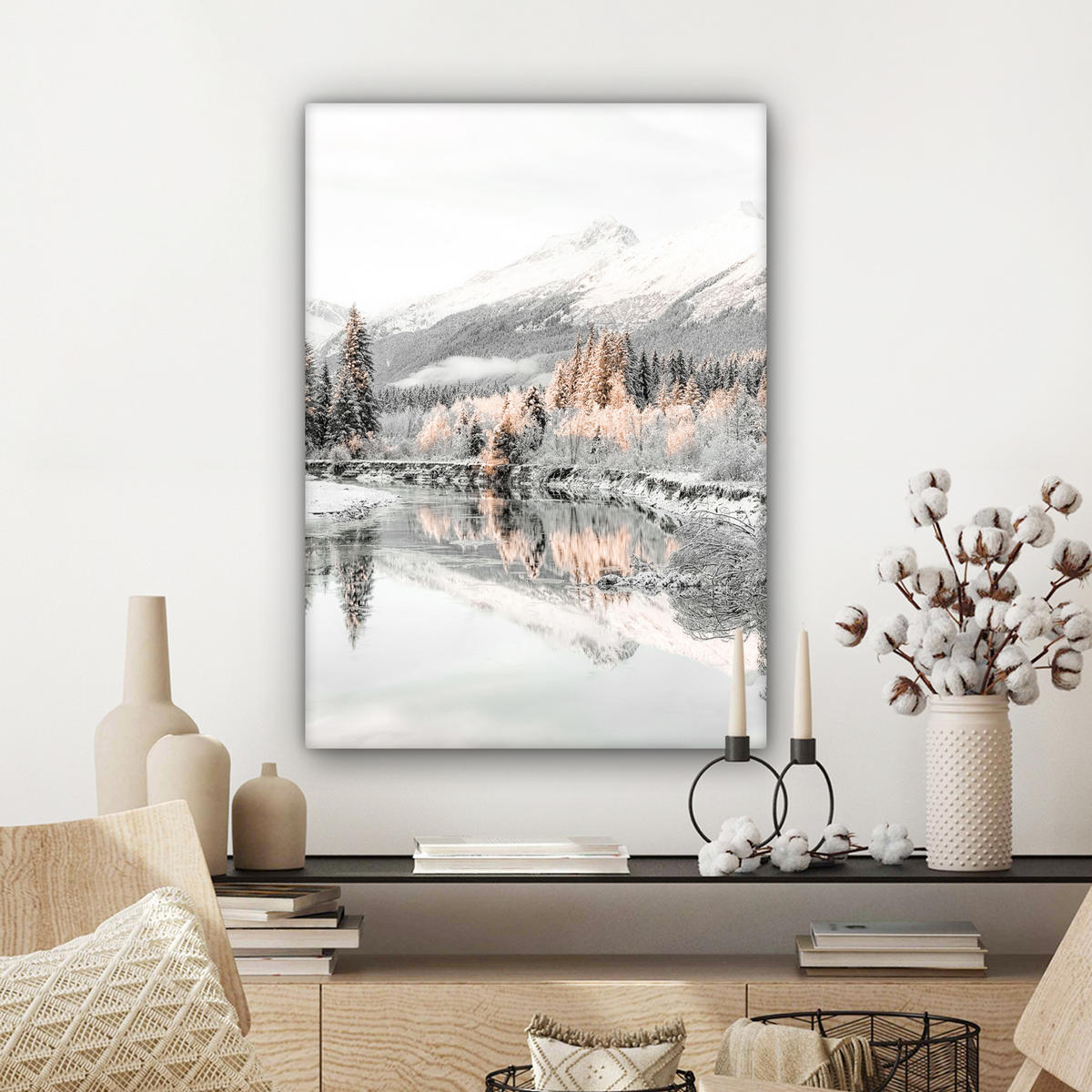 LEINWANDBILD Natur - Winter - Bäume - Berge - Schnee Wandbild Wohnzimmer 60x80 cm - Weiß Hochglanz, Textil (60/80cm) - MuchoWow